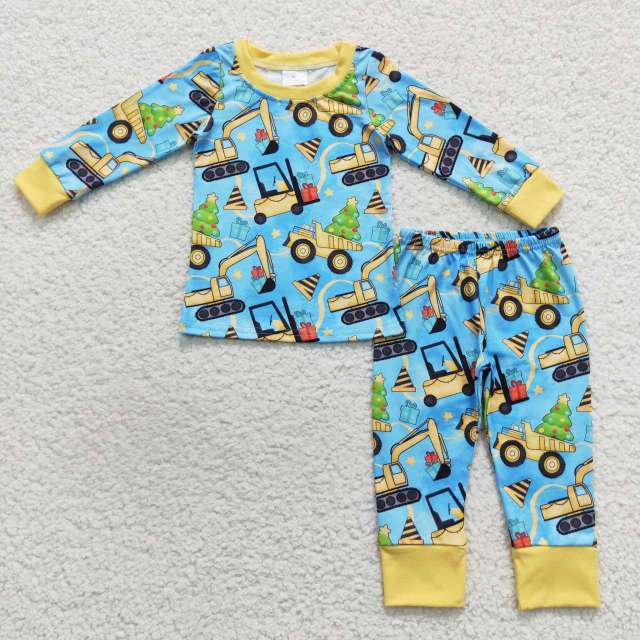 BLP0309 Boys Christmas tree truck engineering vehicle blue and yellow long sleeve Pants Suit