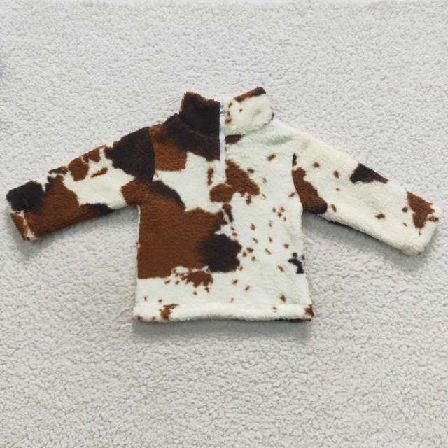 BT0355 Cow Print Zipper Fleece Jacket Long Sleeve Top