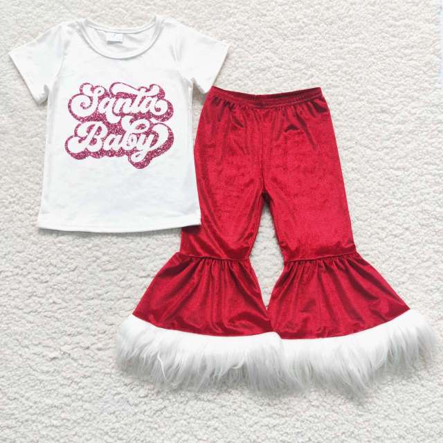 GSPO0791 santa baby letter white short sleeve dark red Pants Suit