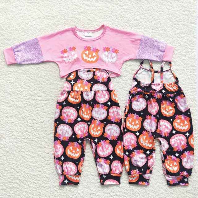 GLP0686 Flower Pumpkin Rose Pink Long Sleeve Black Pants Suit