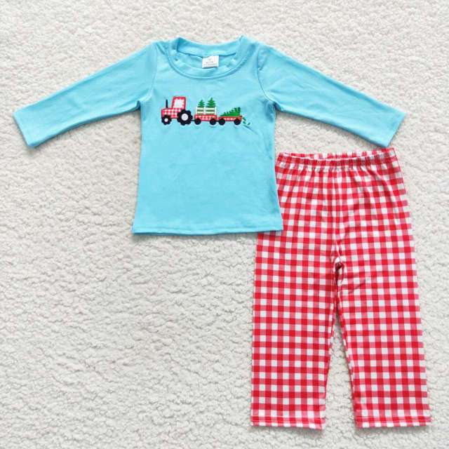 BLP0248 Christmas tree embroidery truck red plaid blue long sleeve Pants Suit