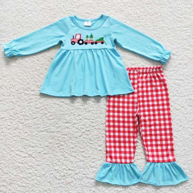 GLP0609 Christmas tree embroidery truck lace red plaid blue Long Sleeves Pants Suit