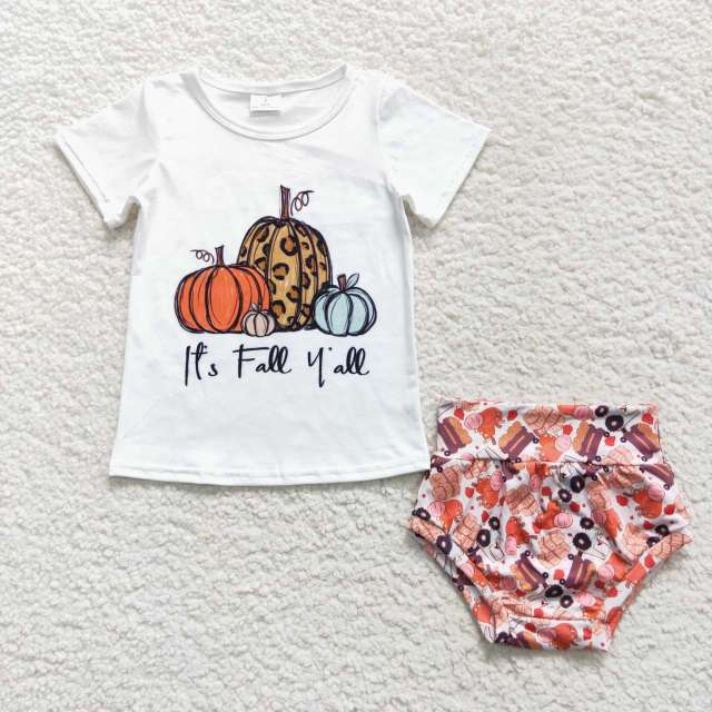 GBO0182 it's fall y'all Pumpkin White Short Sleeve Brief Set