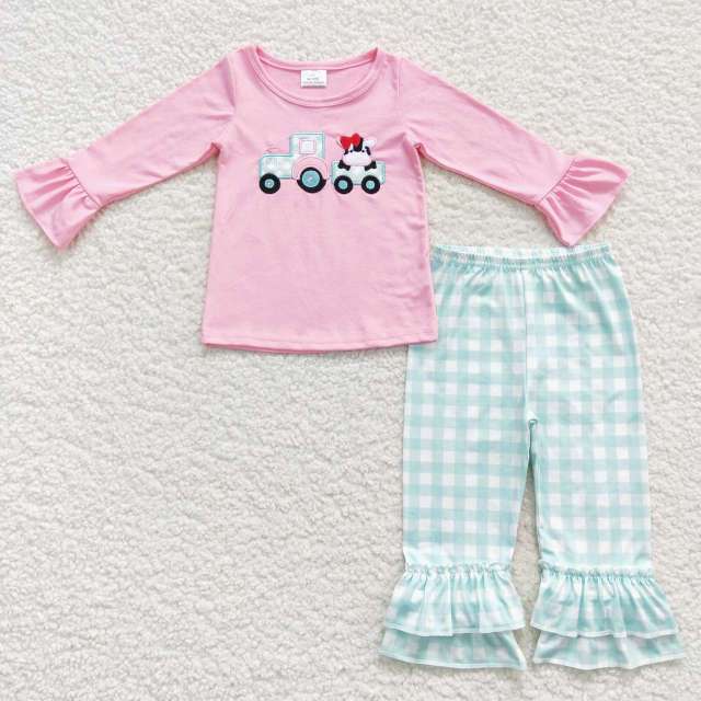 GLP0487 Embroidered Cow Tractor Blue Plaid Pink Long Sleeves Pants Suit