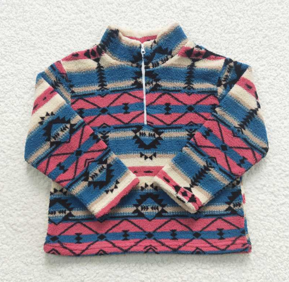 BT0353 aztec geometric blue pink beige zip up fleece jacket long sleeve top