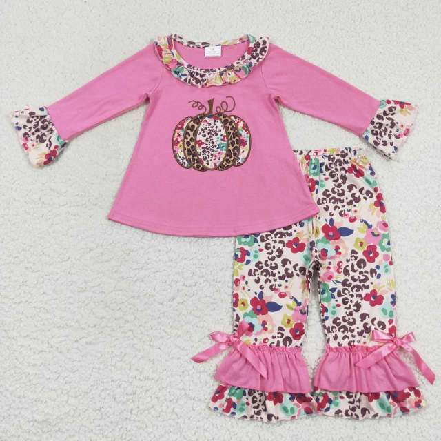 GLP0626 Girls Color Embroidered Pumpkin Blossom Rose Red Long Sleeves Pants Suit