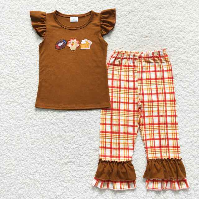 GSPO0759 Girls Rugby embroidery turkey pie plaid lace red short sleeve Pants Suit