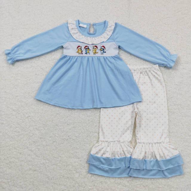 GLP0675 Cartoon bluey embroidery bluey lace blue long sleeves with polka dots Pants Suit