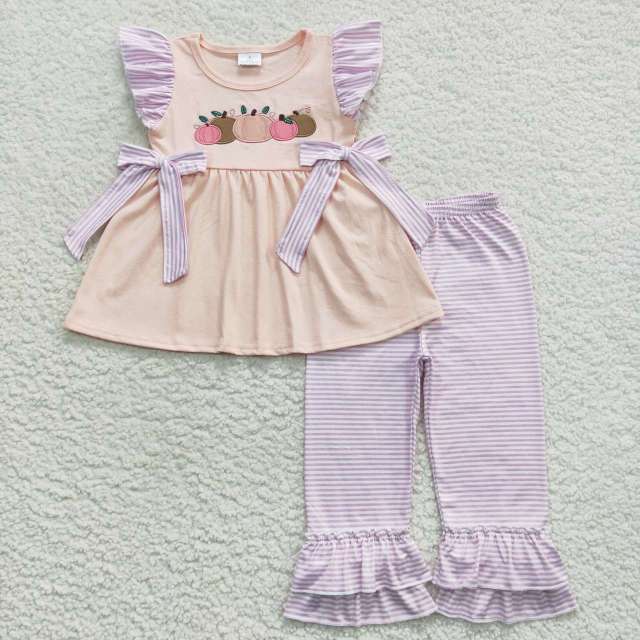 GSPO0783 Girls Embroidered Pumpkin Pink Flying Sleeves Purple Stripes Pants Suit