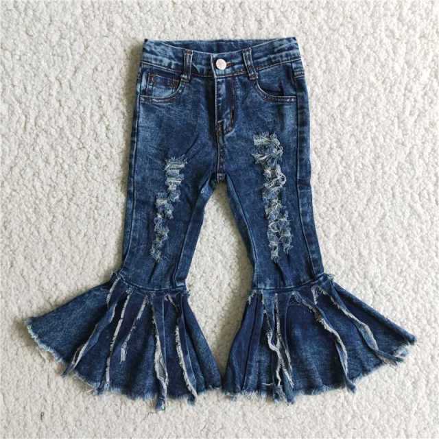 C4-23 Blue Fringed Single Lace Denim Jeans pants