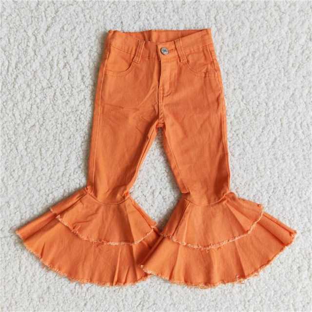 E10-27 Double Orange Button Denim Flared Pants