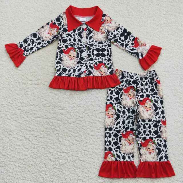 GLP0458 Santa Claus Cow Pattern Red Collar Lace Button Long sleeves Pants Suit