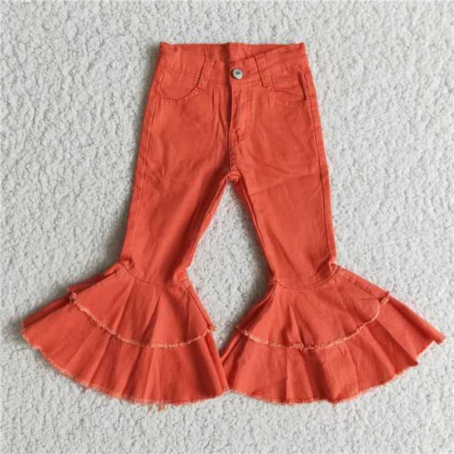 E12-19 Double Layer Watermelon Red Button Denim Flared Pants