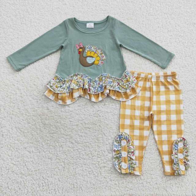 GLP0442 Embroidered Turkey Flower Lace Green Long Sleeve Yellow Plaid Pants Suit