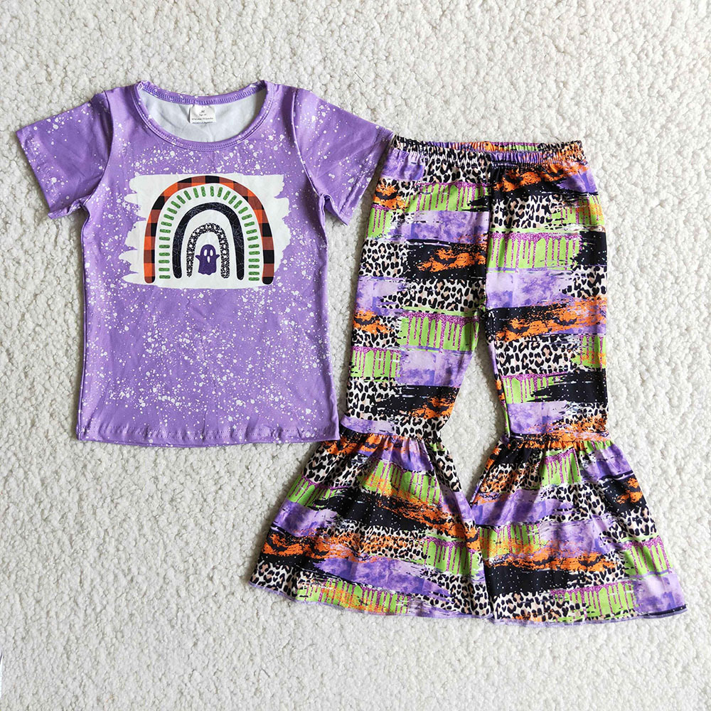 D2-14 Halloween purple short-sleeved leopard print bell bottoms suit