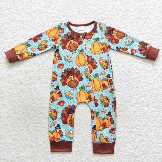 LR0581 Halloween Pumpkin Thanksgiving Turkey Blue Brown Zip Long Sleeve Jumpsuit