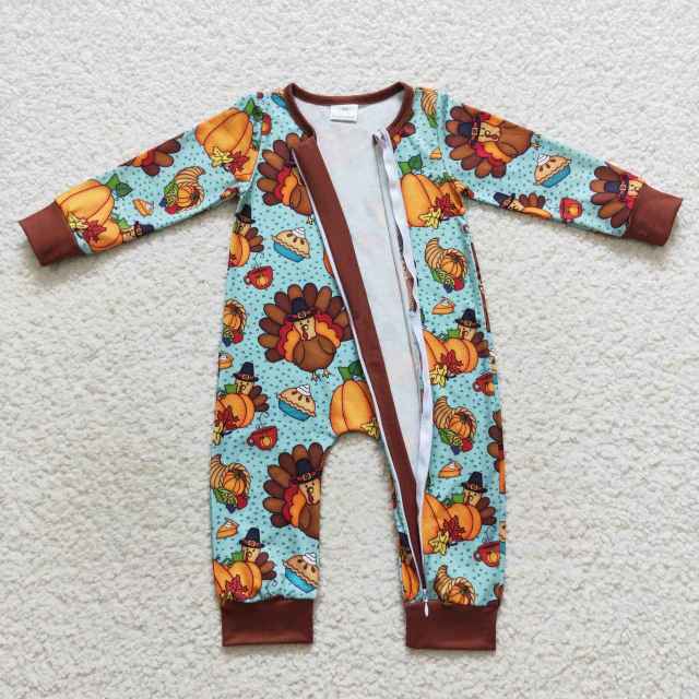 LR0581 Halloween Pumpkin Thanksgiving Turkey Blue Brown Zip Long Sleeve Jumpsuit