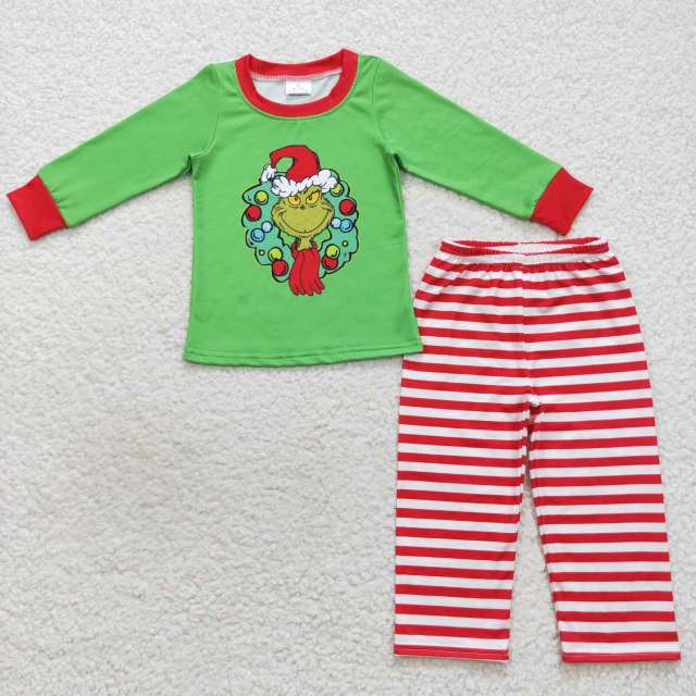 BLP0289  christmas wreath green long sleeves red striped long Pants Suit