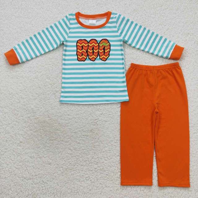 BLP0307 Embroidered boo letters blue and white stripes long sleeves orange long Pants Suit