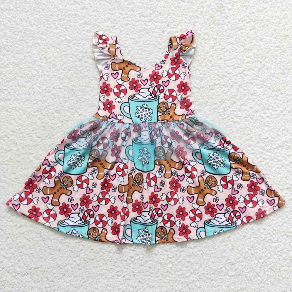 GSD0473 Flower christmas gingerbread man tulle flying sleeve dress