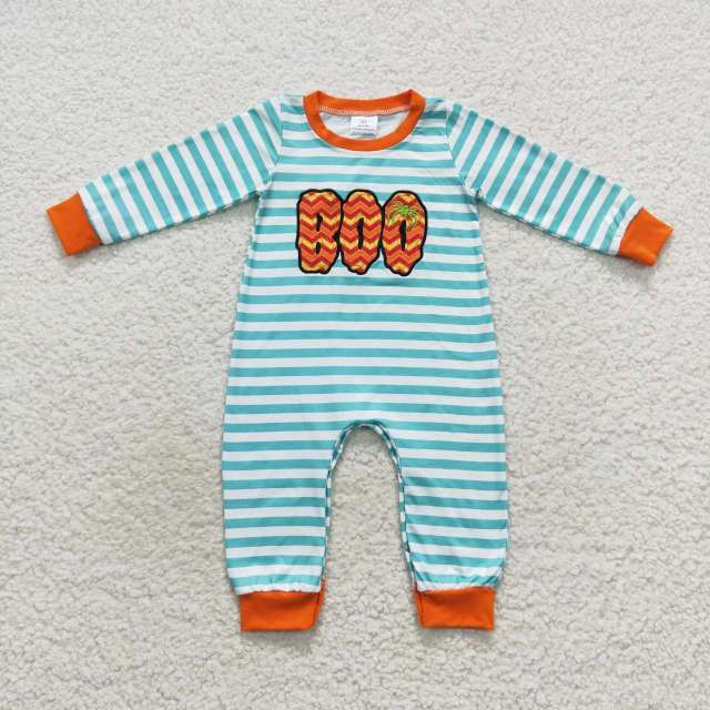 LR0620 Embroidered boo lettering blue and white striped long-sleeved jumpsuit