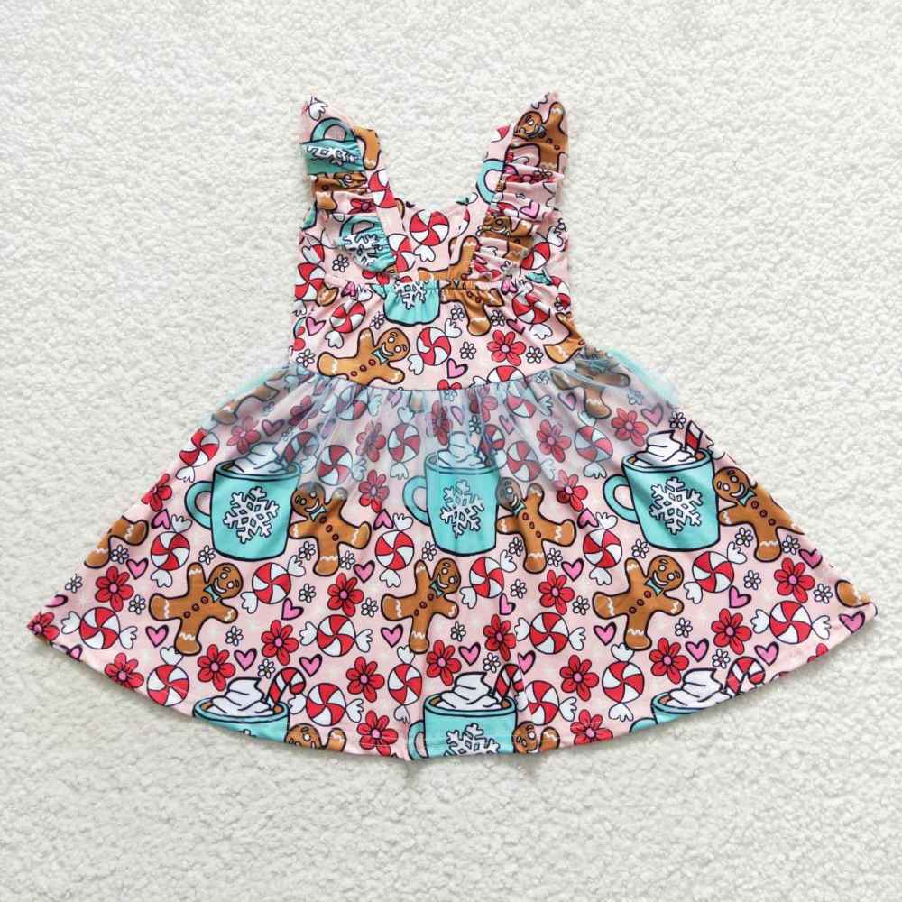 GSD0473 Flower christmas gingerbread man tulle flying sleeve dress
