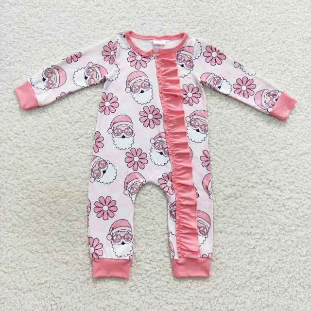 LR0615 Glasses Santa Floral Plaid Pink Lace Zipper Long Sleeve Jumpsuit