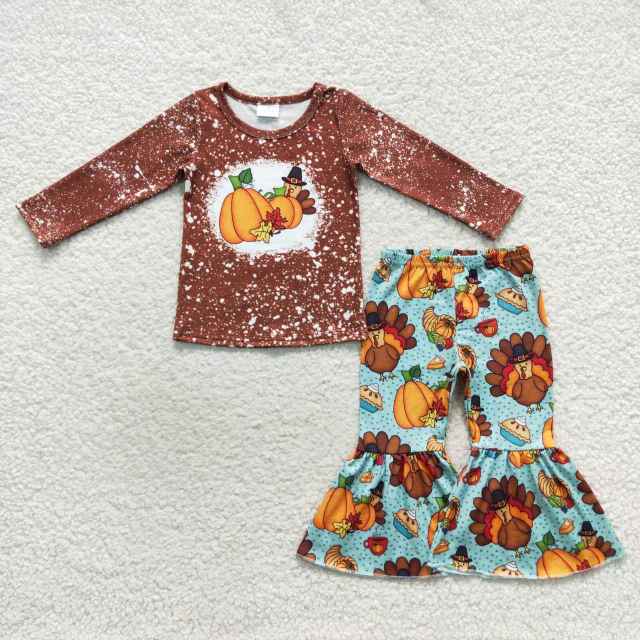 GLP0683 Pumpkin Turkey Brown Long Sleeve Blue Pants Suit