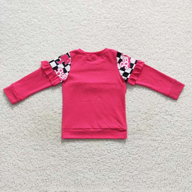GT0296 girls black and white plaid rose red lace long-sleeved top