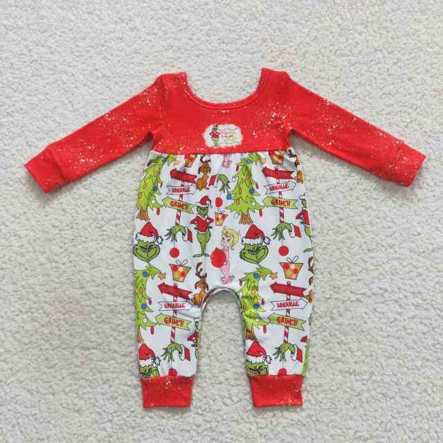 LR0625 Cartoon grinch red and white long-sleeved jumpsuit