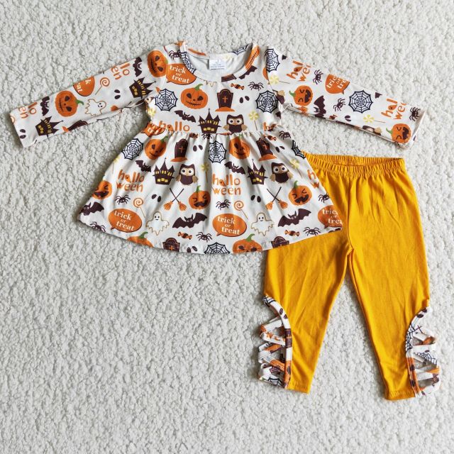 6 C7-38 Halloween Pumpkin Long Sleeve Top Yellow Pants Suit