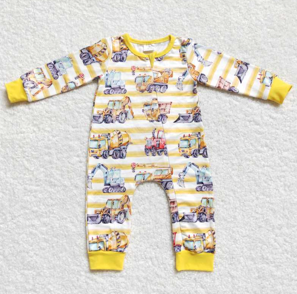LR0569 Truck Tractor Yellow and White Stripe Zip Long Sleeve Jumpsuit