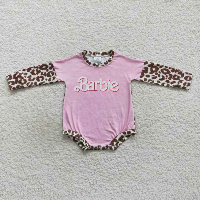 LR0575 girls letter leopard print pink long sleeve jumpsuit