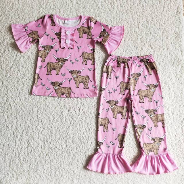 B7-25 Pink cow head short sleeve trousers girls pajamas suit