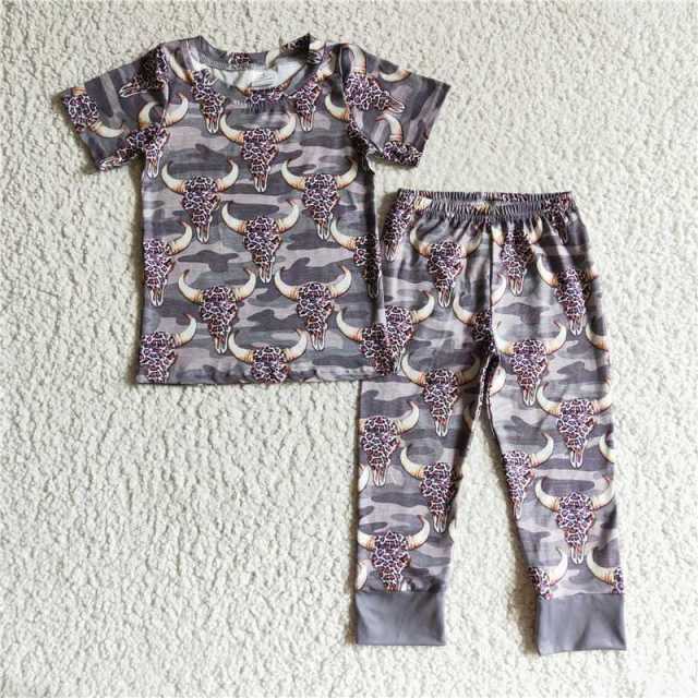 BSSO0086 Boys Leopard Print Bull Head Camouflage Short Sleeve Pants Suit pajamas suit