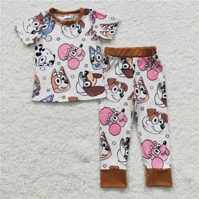 BSPO0120 Cartoon dog blue beige short-sleeved Pants Suit pajamas suit