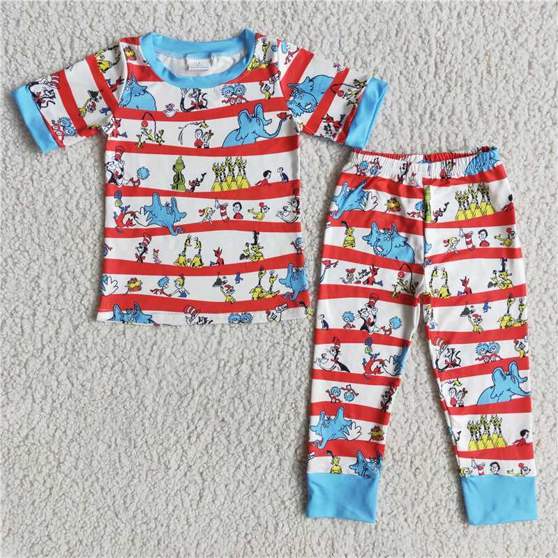 D11-2 Boys Elephant Cartoon Short Sleeve Long Pants Pajamas suit