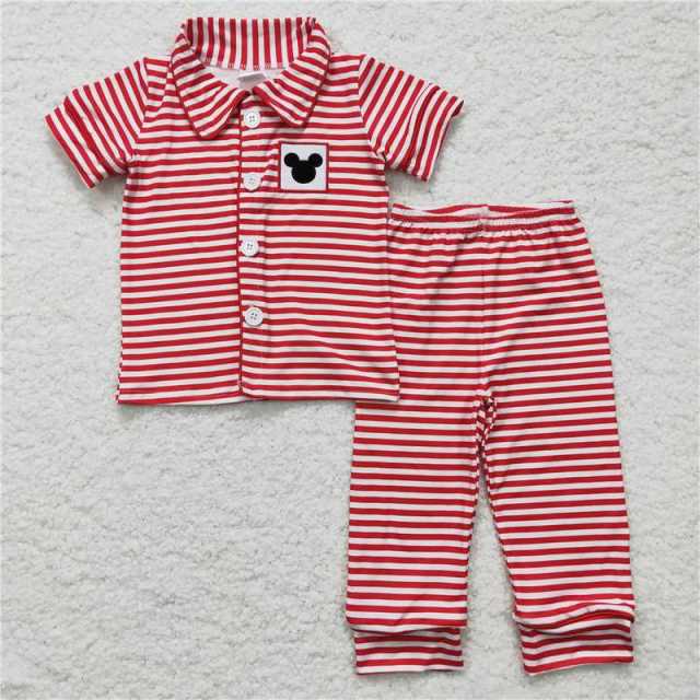 BSPO0040 Boys Embroidered Mickey Red Stripe Button Short Sleeve Long Pants Suit pajamas suit