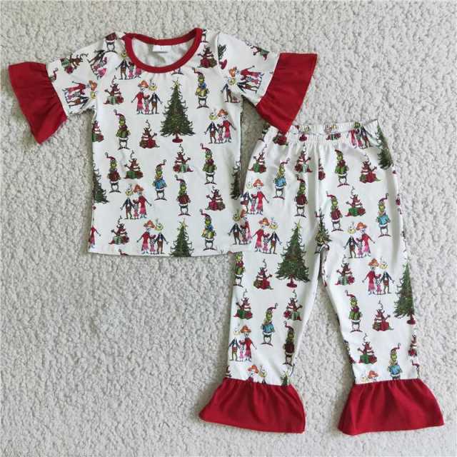 D2-4 Girls Christmas tree grinch short-sleeved lace suit pajamas suit