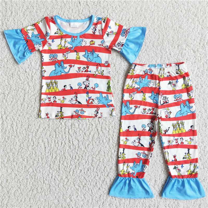 E5-11 Girls Elephant Cartoon Short Sleeve Long Pants Pajamas suit