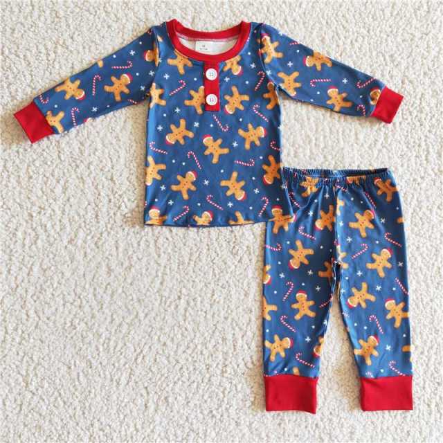 BLP0134 Boys Christmas Gingerbread Man Navy Long Sleeve Pants Suit Pajamas set