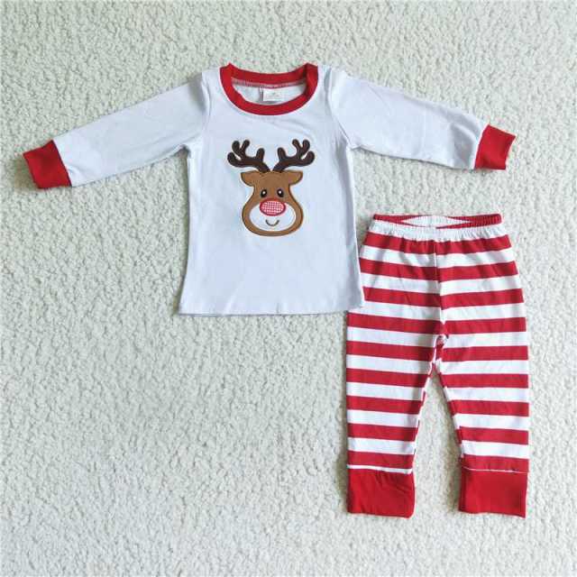 6 A18-28 Boys embroidered white deer head cotton striped pajamas suit