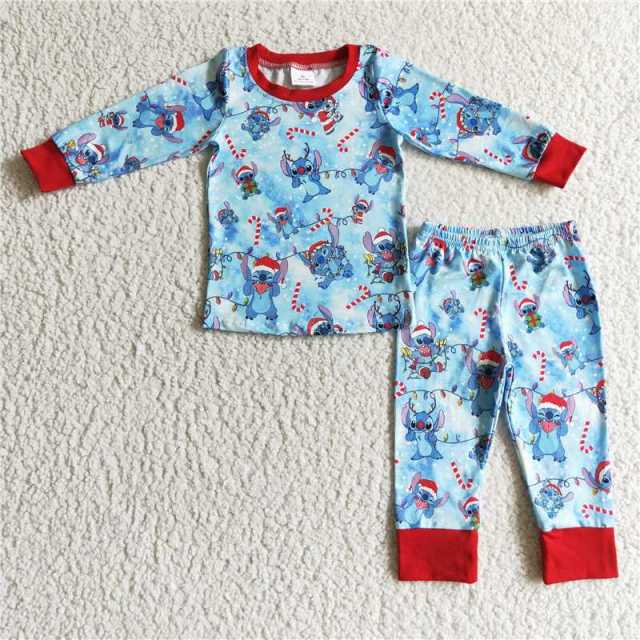 BLP0096 Boys Stitch Blue Long Sleeve Pants Suit Pajamas set