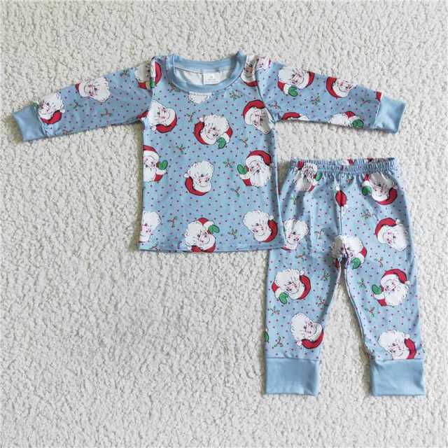 BLP0056 Boys Santa Blue Long Sleeve Pants Suit Pajama Set