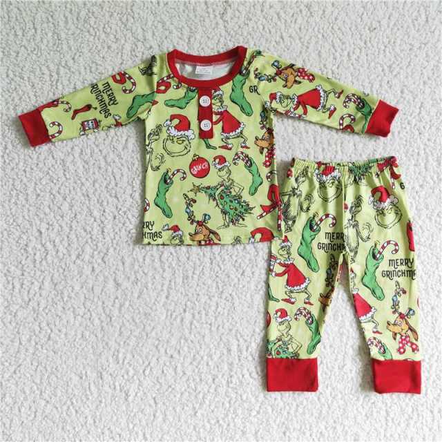 BLP0073 Boys Christmas grinch long sleeve pants suit Pajamas set