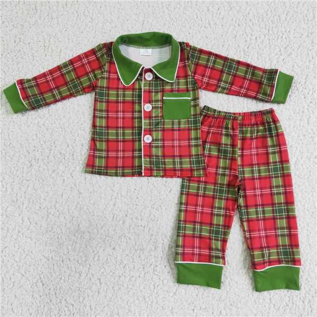 BLP0049 Boys red and green plaid long sleeve Pants Suit Pajamas set