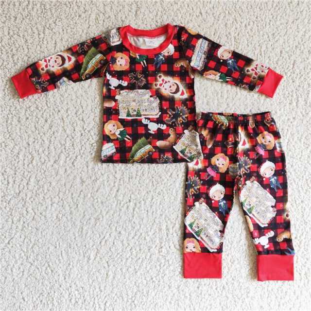 BLP0148 Boys Christmas Boys Girls Red Long Sleeve Pants Suit Pajamas set