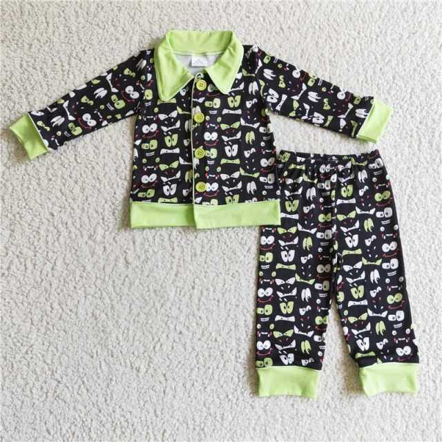 BLP0032 Boys Green Eye Button Long Sleeve Pants Suit Pajamas set