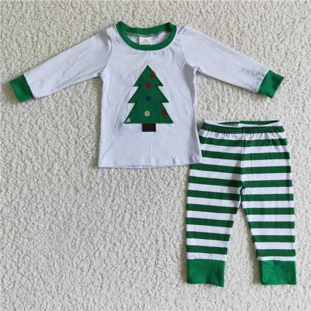 6 A28-15 Boy's Embroidered Christmas Tree Long Sleeve Striped Cotton Pajamas set