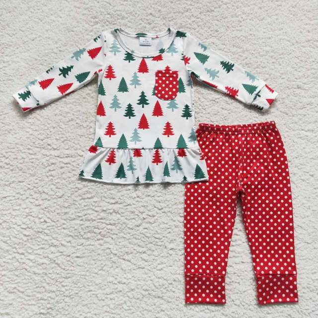 GLP0803 Girls Christmas tree polka dot pocket white long sleeve red long Pants Suit